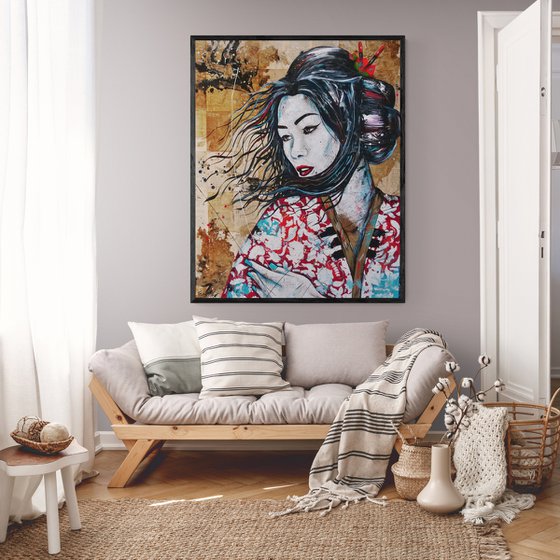 Cherry Aqua 120cm x 150cm Japanese Geisha Book Page Urban Pop Art