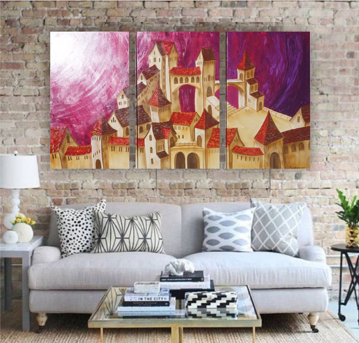 surrealistic Purple Old town in Italy 100x180x2 cm S048 Dolche Acqua palette knife Large p... by Ksavera