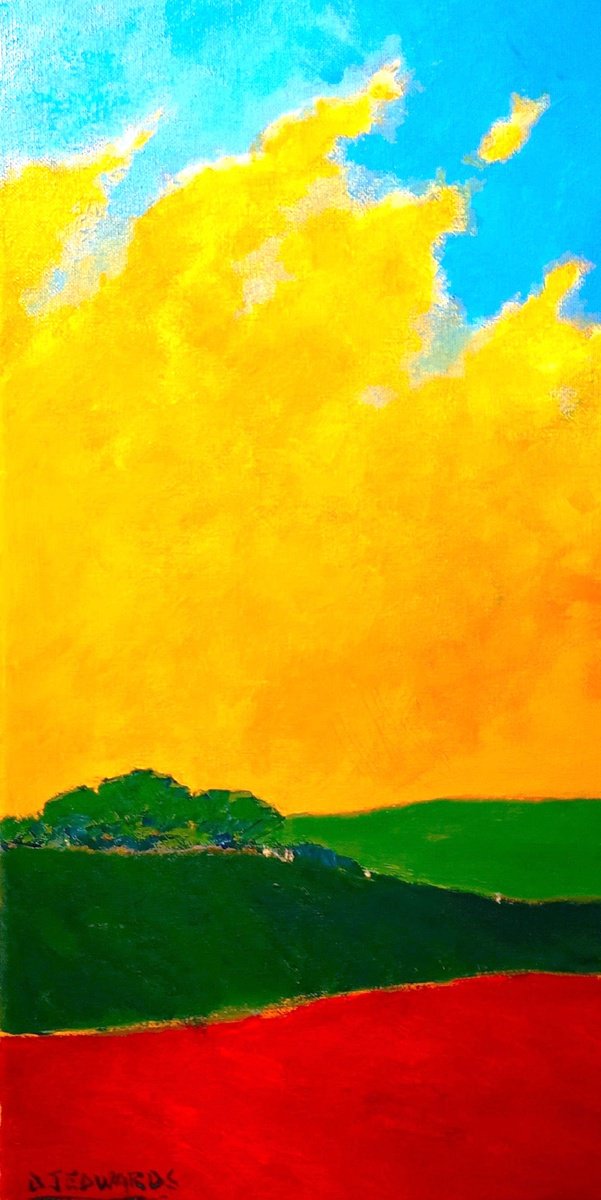 Impressionistic Landscape Acrylic Painting By David J Edwards, 10 X 20, Poppy Field And Old Gate, Original Artwork