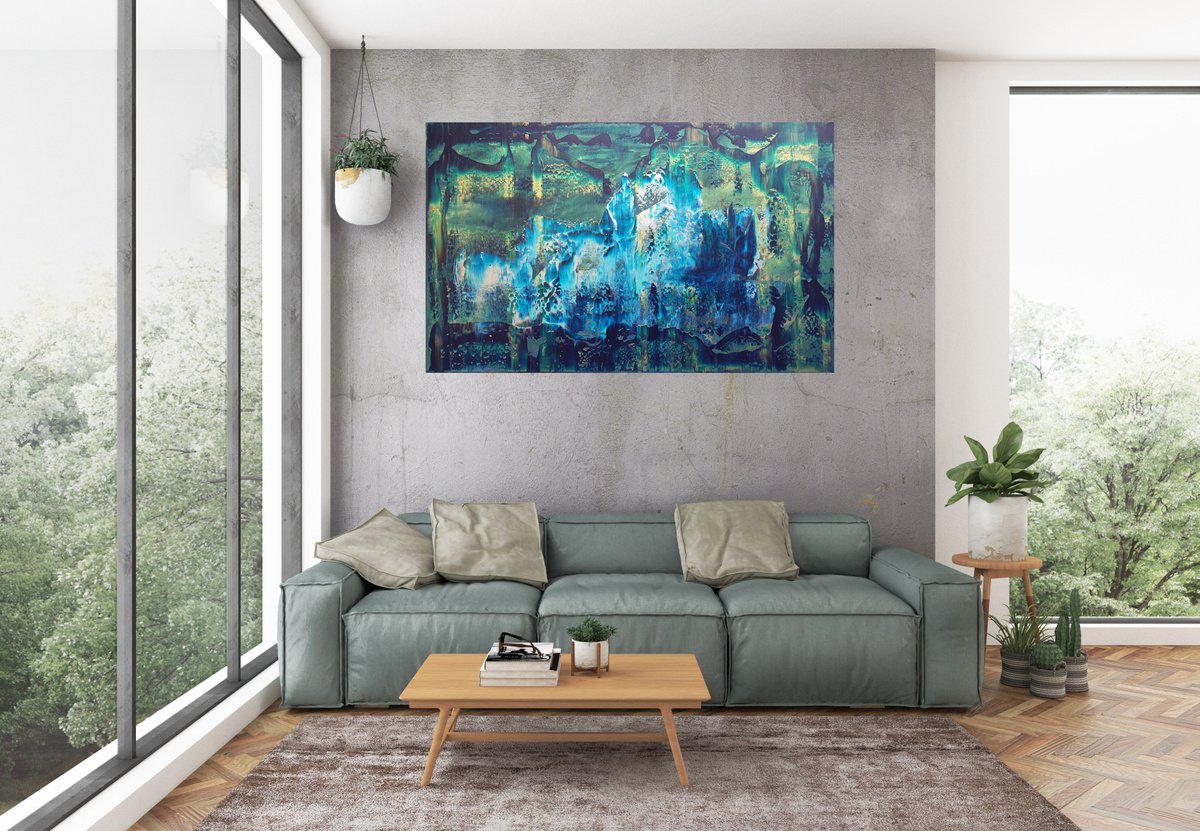 Iceberg - large golden, silver and blu painting by Ivana Olbricht
