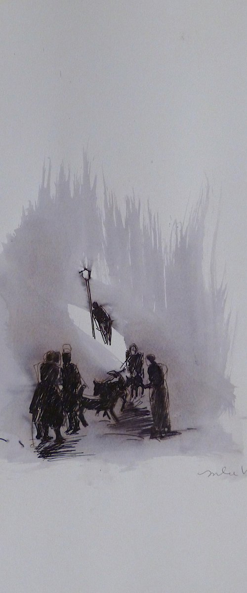 People and dogs in the street, 29x41 cm by Frederic Belaubre