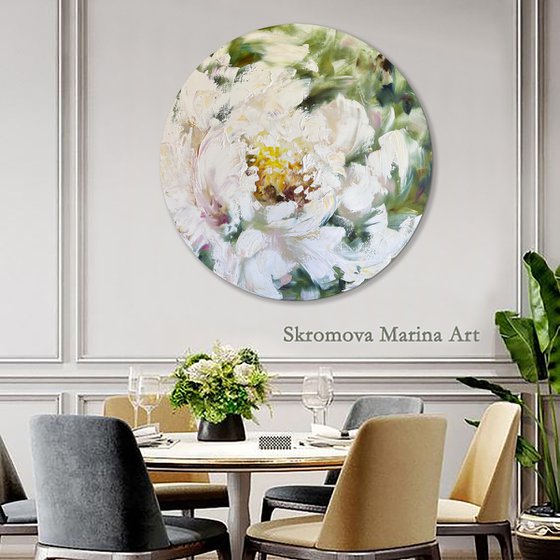 PIONOMANIA - Peony. Floral decor. White flower. Flowering. Unusual. Round painting. Pastel colors. Close-up.