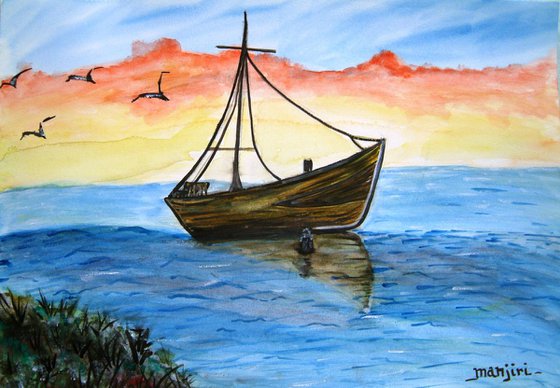 Adrift a boat painting