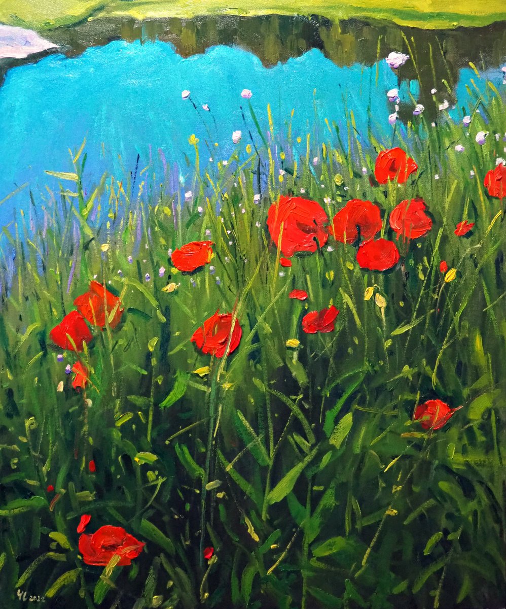 Impressionistic Landscape Oil Painting By Yuanyuan Liu, 21 X 26", Summer Flowers, Original Artwork