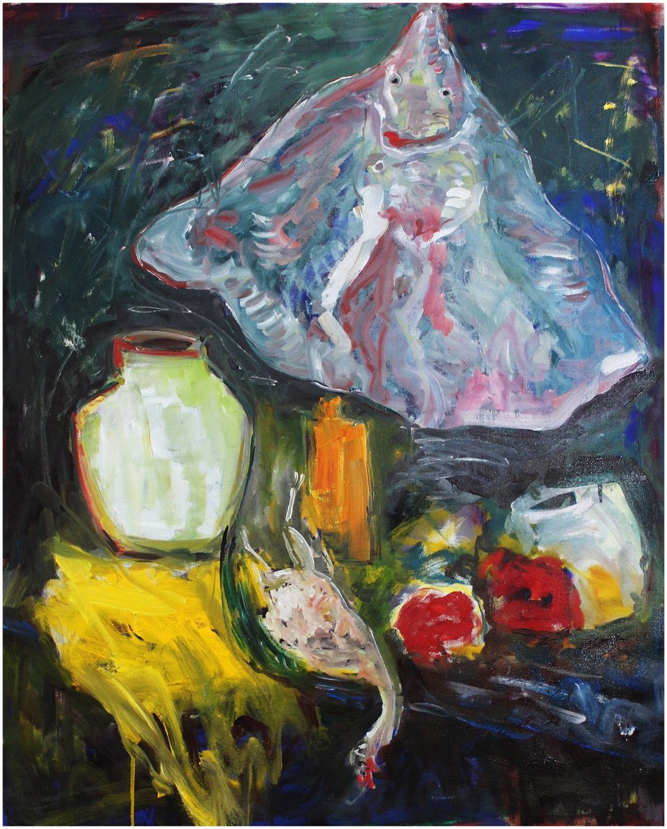 Expressive Animal Oil Painting By Victorine Follana, 32 X 39", La Raie Qui Dansait, Original Artwork