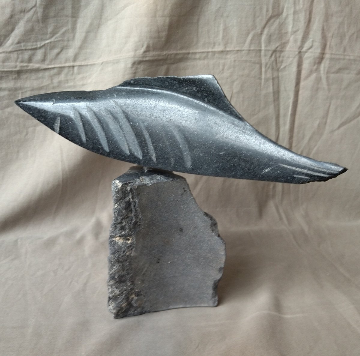 Impressionistic Animal Stone Sculpture By Rasho Mitev, 12 X 9", "Black Koi Ii", Original Artwork