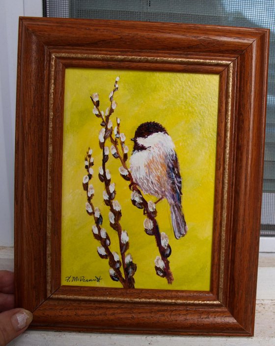 Yellow Chickadee - framed 7X5 inch original acrylic painting by K. McDermott (SOLD)