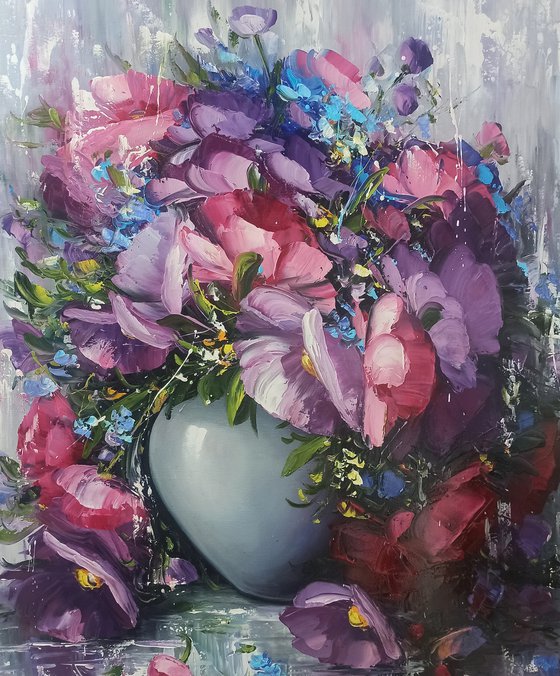 Purple flowers (80x100cm, oil painting, palette knife)