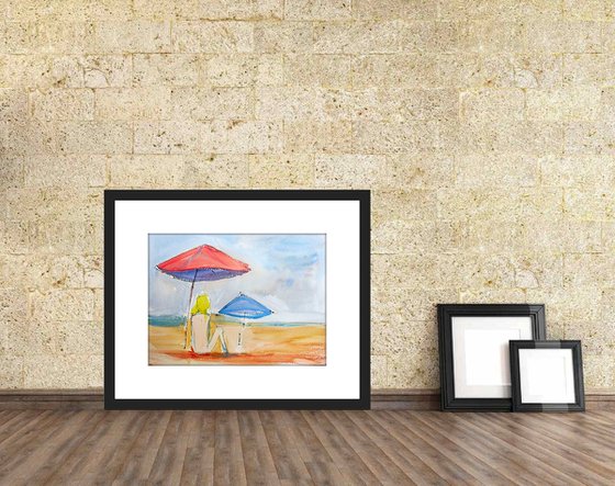 NUDE BLONDE GIRL BEACH. Original Female Figurative Watercolour Painting.