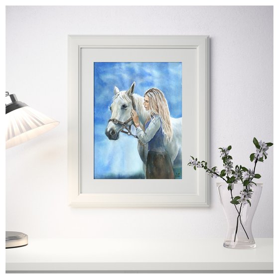 White horse portrait original watercolor painting small size