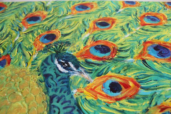 Dream (On the Edge Series)-Peacock Finger Painting, Impressionistic Painting, Bird Art