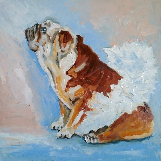 Bulldog Painting Original Art Funny Pet Artwork Dog Ballerina Wall Art