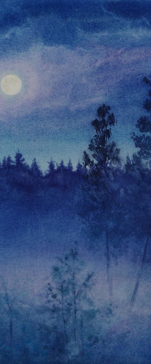 Blue Moonlit Forest by Olga Beliaeva Watercolour