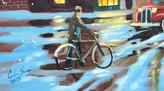 Winter street scene oil painting "New car in town"