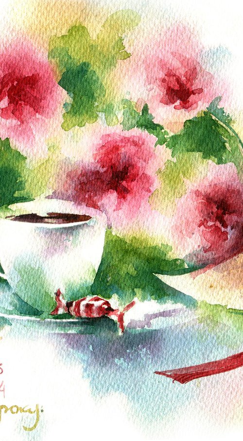 Modern still life "Four Seasons - SPRING" original watercolor sketch by Ksenia Selianko