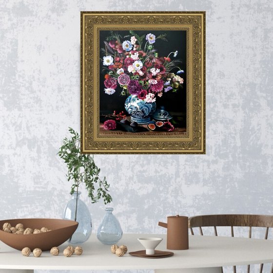 Vase with wildflowers. Original Oil Painting on Canvas. Performed in traditional technique of Old Masters from the Dutch Golden Age.