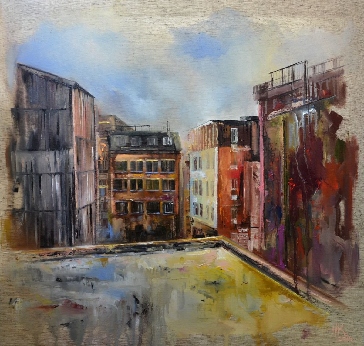 Expressive Cityscapes Oil Painting By Zhanna Kondratenko, 35 X 35", One Step Closer. Urban Rooftop, Original Artwork