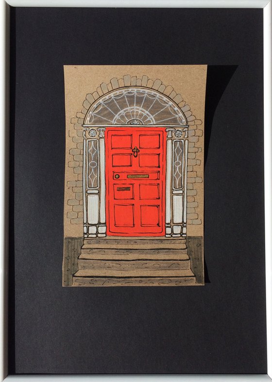 Turquoise and red doors - Set of 2 architecture mixed media drawing