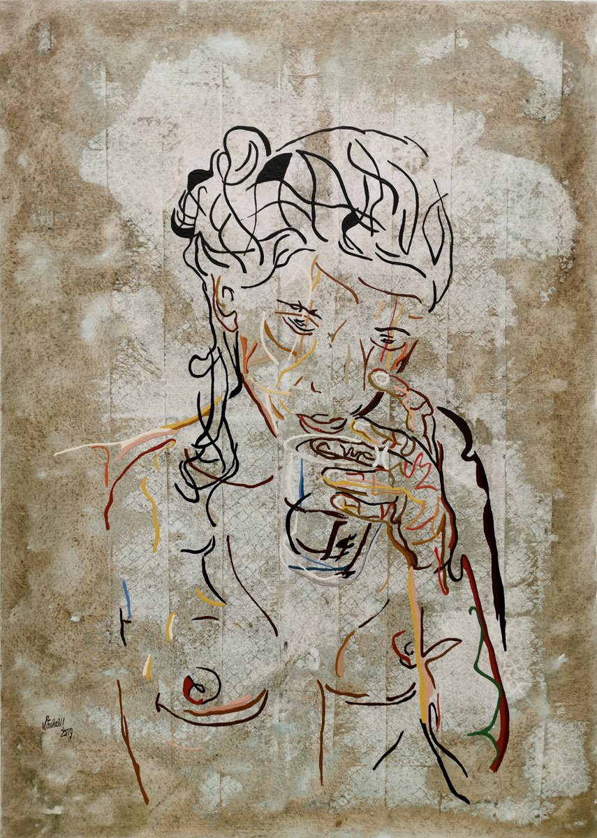 Expressive Portrait Acrylic Painting By Uli Lachelt, 37 X 53", Viii 58 - The Cherry Juice, Original Artwork