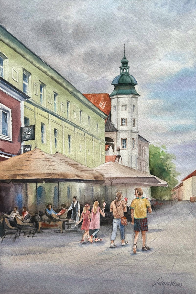 Impressionistic Cityscapes Watercolour By Yuliia Ludanova, 15 X 22", Summer In Maribor, Original Artwork
