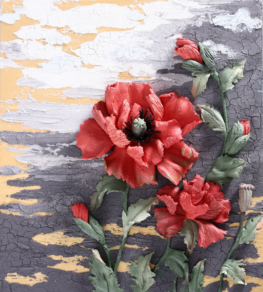 POPPY * Sculpture painting * Plaster * Palette knife * Original painting by Evgenia Ermilova