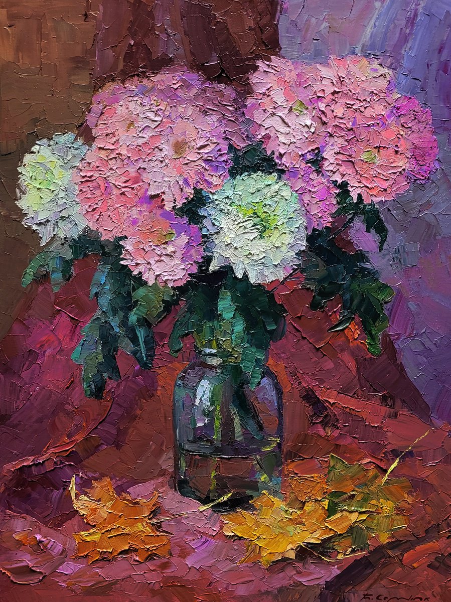 Impressionistic Still Life Oil Painting By Boris Serdyuk, 24 X 31, Bouquet Of Chrysanthemums, Original Artwork