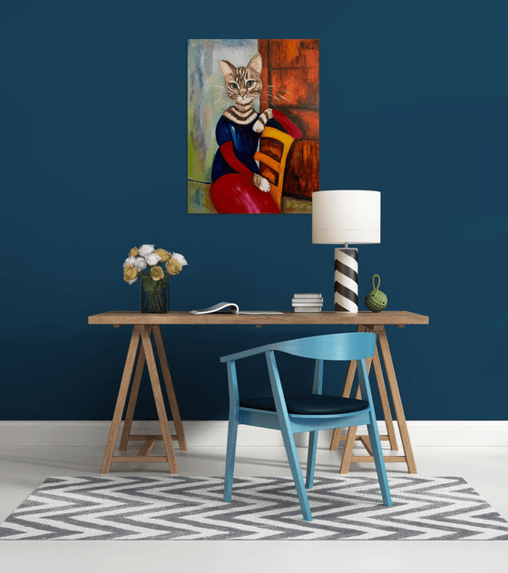 Cat  Lady on the chair ( 61x81 cm )inspired by Amedeo Clemente Modigliani painting.