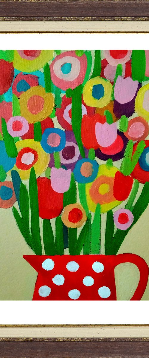 Spring Flowers in a Polka Dot Jug by Jan Rippingham