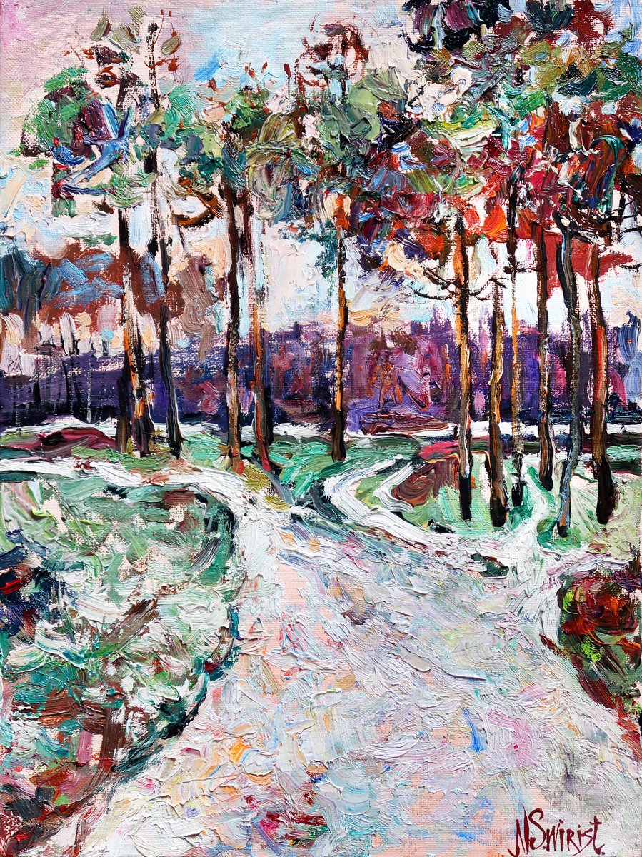 Snowy path and pine trees. by Nicola Ost * N.Swiristuhin