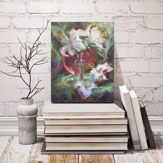 Be Still - still life with Casablanca lilies and copper