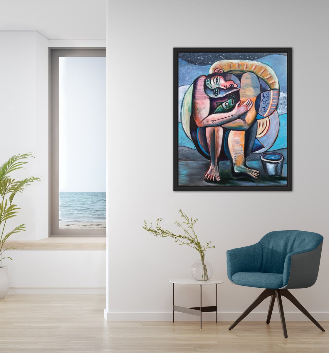 Geometric Portrait Oil Painting By Roberto Munguia Garcia, 30 X 36", The Fisherman, Original Artwork