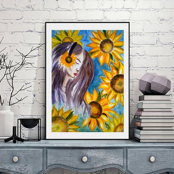 Woman with sunflowers. I close my eyes to see.