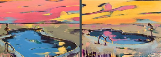 Big horizontal painting - "Pink and Yellow" - Pop Art - Palms - Swimming pool - Diptych