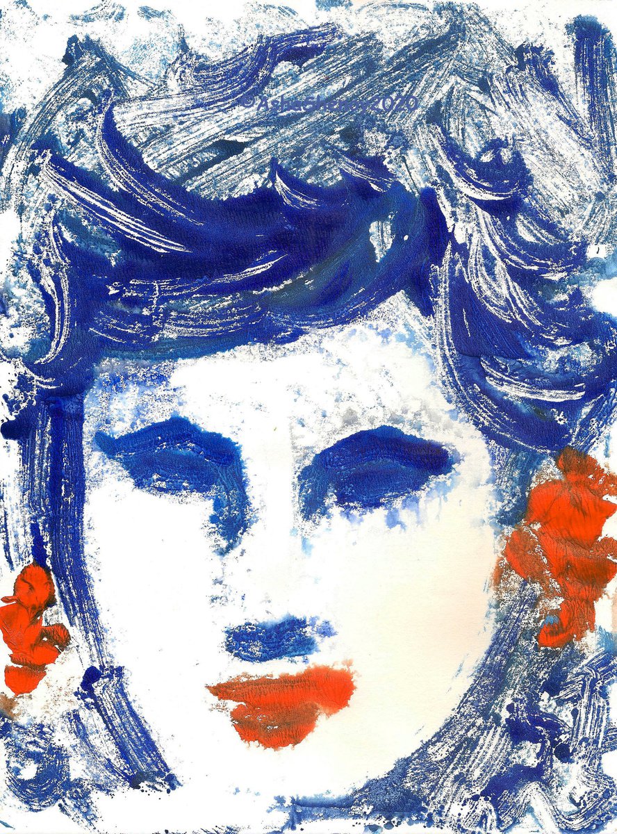 Portrait of a woman - Classic Blue Woman IV - One of a kind Monotype Print on paper 11.00 by Asha Shenoy