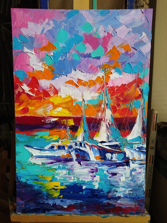Yachts at sunset - yacht, oil painting, boats, sunset, yacht club, seascape, sea with yachts, yacht original painting, gift for man