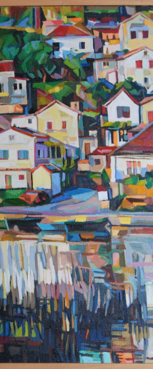 Houses on the lake shore / 90 x 70 cm by Maja Đokić Mihajlović