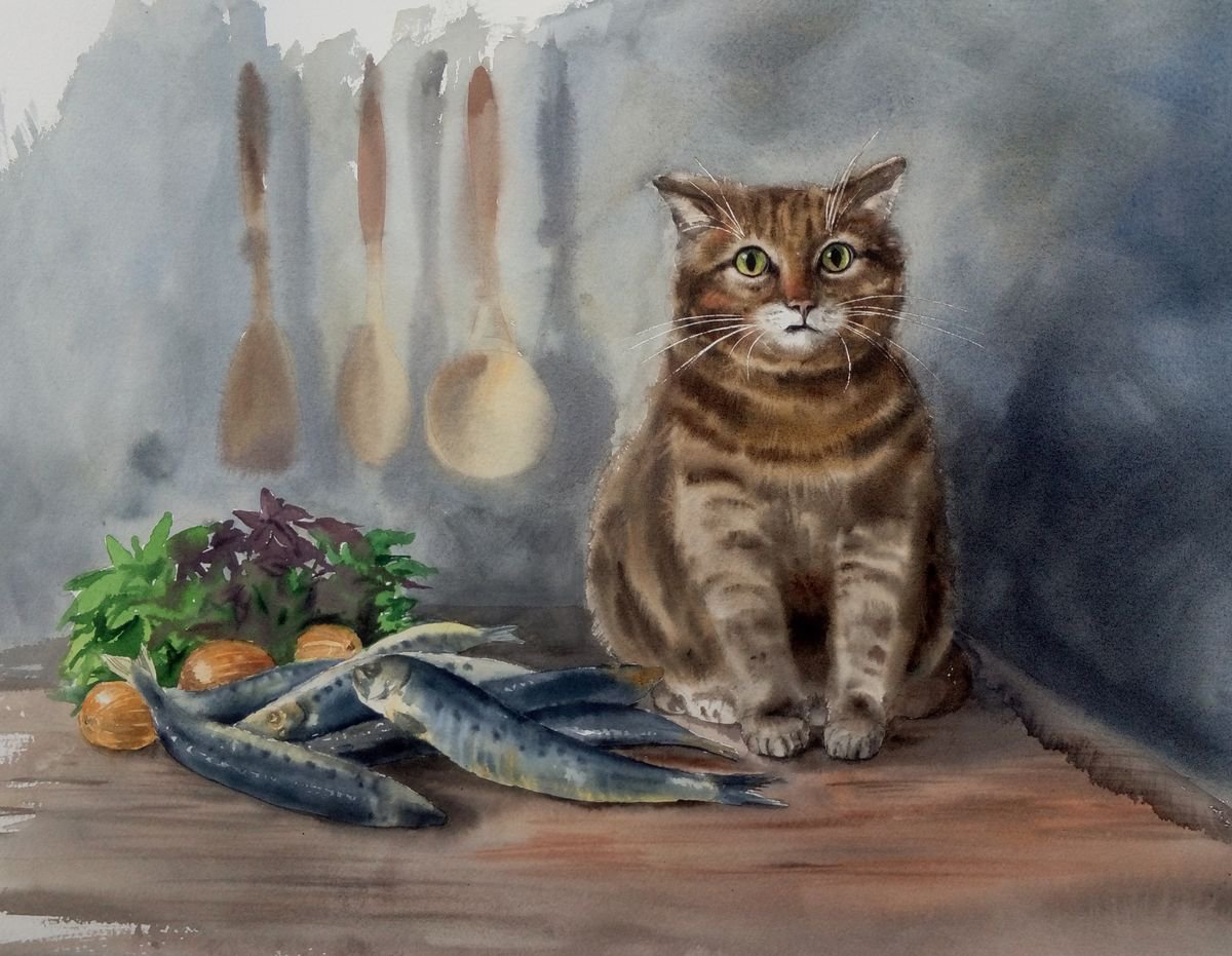 Oh, come on, I just want to see... - Still life with a cat and fish - Cheeky cat by Olga Beliaeva Watercolour
