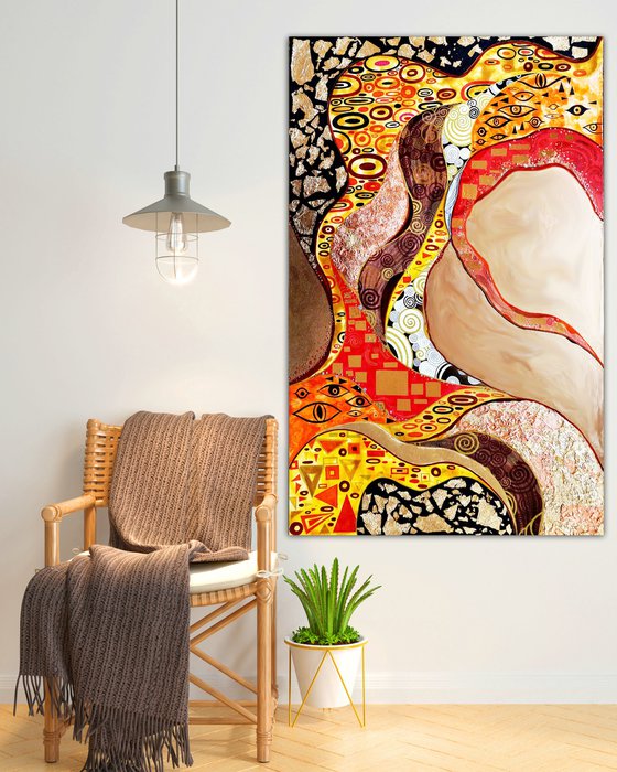 Klimt inspired abstract painting. Colorful vivid relief large artwork