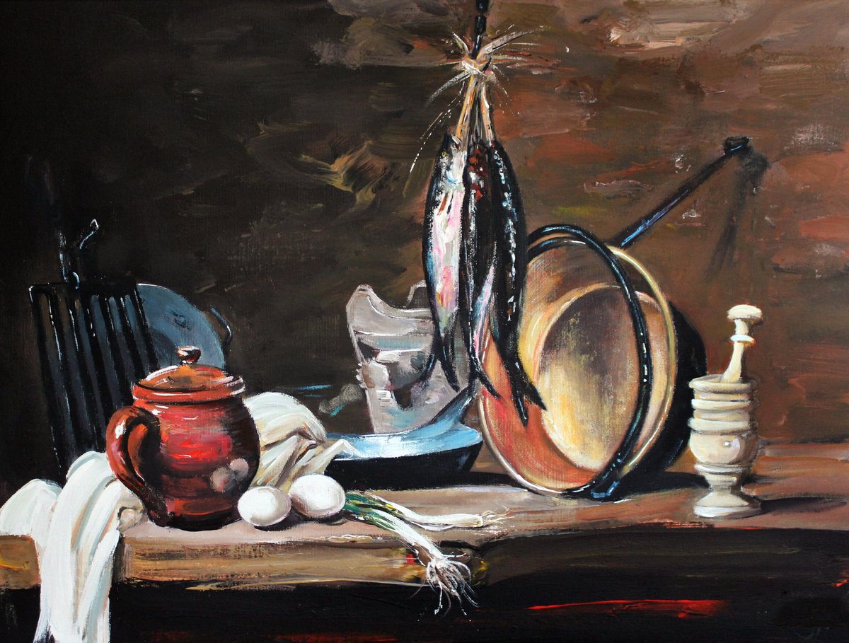 Impressionistic Still Life Acrylic Painting By Mir-Jan, 24 X 18", Homage To Chardin, Original Artwork