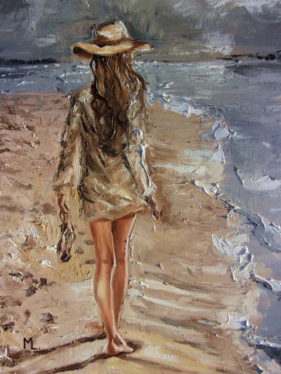 " LONELY WALK ... " SEA original painting palette knife GIFT MODERN URBAN ART OFFICE ART DECOR HOME DECOR GIFT IDEA