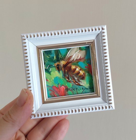 Bee art oil painting original 2x2 inc, Bee artwork green pink in frame, Honey bee wall art tiny, Dad gift