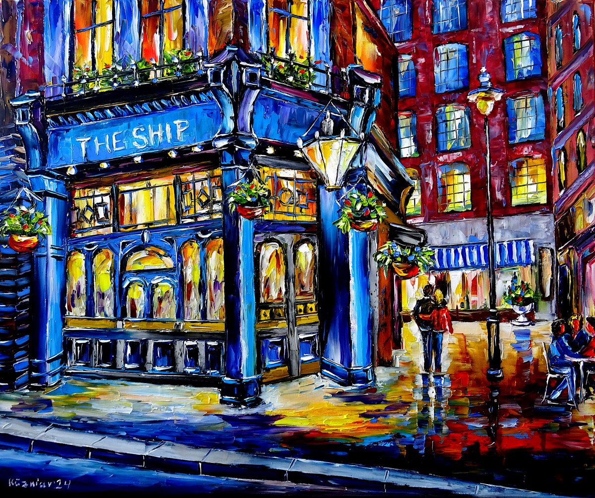 Expressive Cityscapes Oil Painting By Mirek Kuzniar, 24 X 20", London Night Walk, Original Artwork