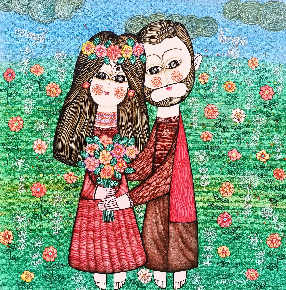 Expressive Portrait Oil Painting By Armen Vahramyan, 24 X 24, Love Hearts, Original Artwork