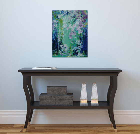 Abstract Tropical Flowers. Floral Garden. Magic Garden. Abstract Blue Floral Original Painting on Canvas 46x61cm Modern Art