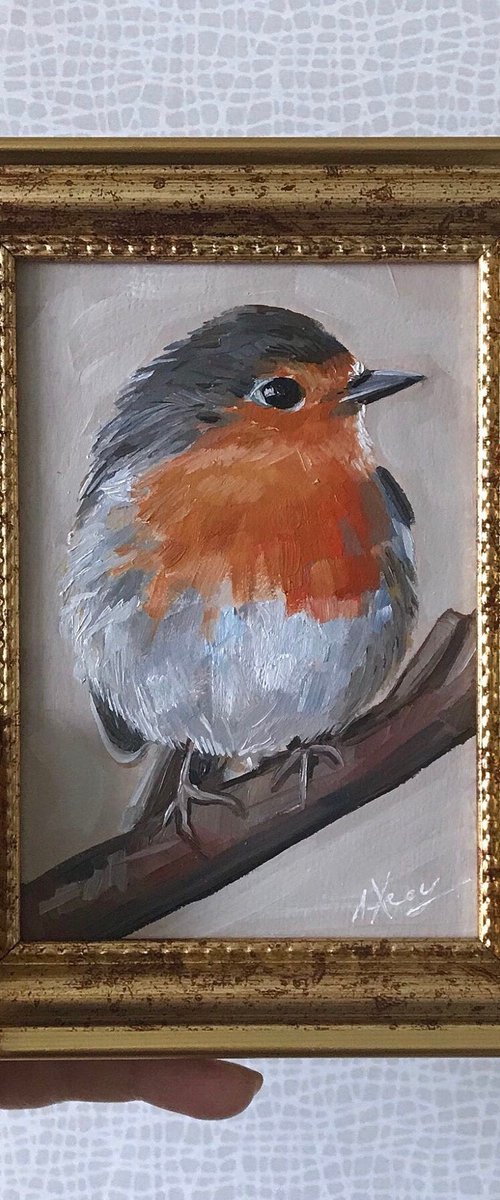Robin Bird painting mini art framed by Leysan Khasanova