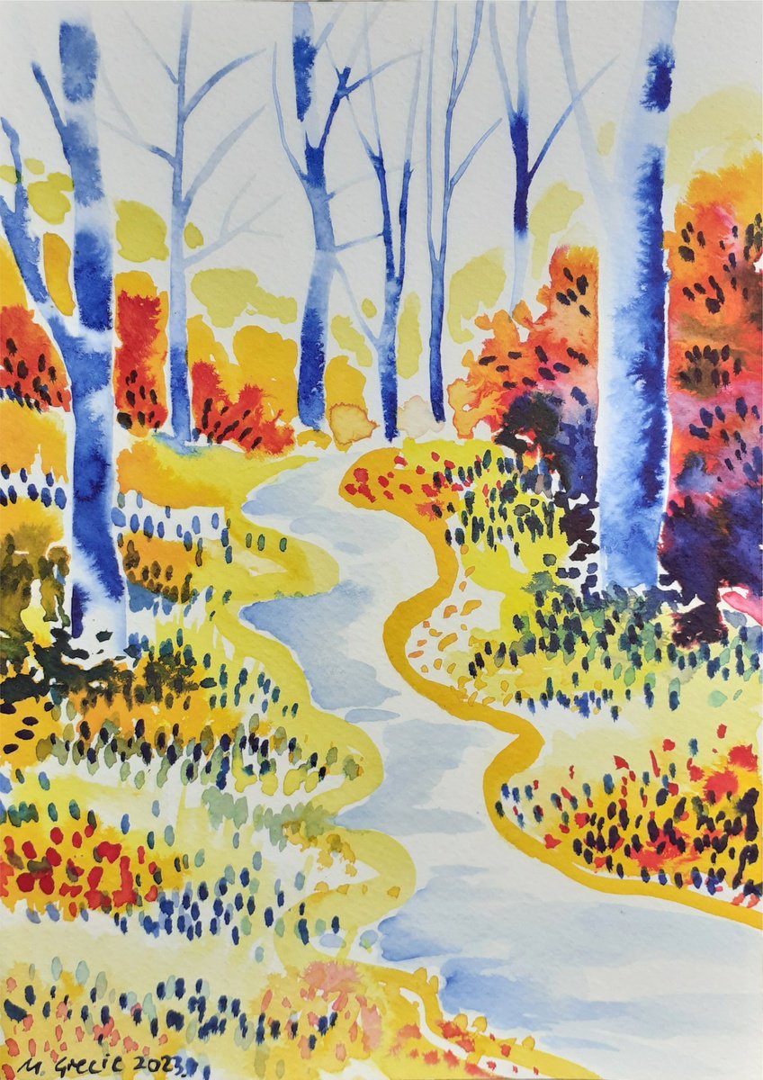 Impressionistic Landscape Watercolour By Maja Grecic, 7 X 10", Simple Spring Forest In Yellow, Original Artwork