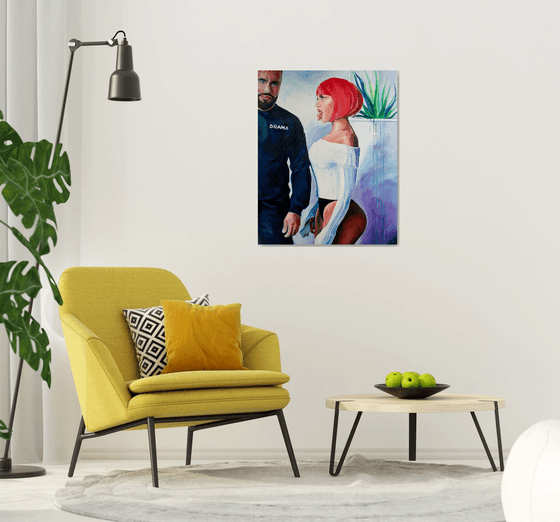 DRAMA - original oil painting, pink, white, pop art, office art, home decor, gift idea, hot girl, man, love, deep blue
