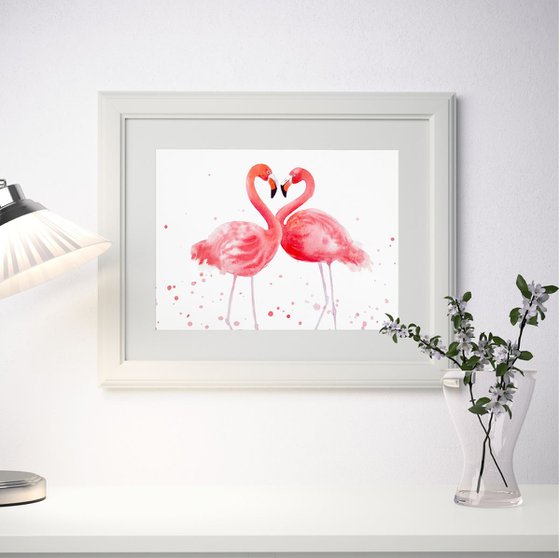 Flamingo Heart - Two Pink Flamingos, Love, Romantic, Tropical birds, Flamingo Artwork, Valentine’s day Gift