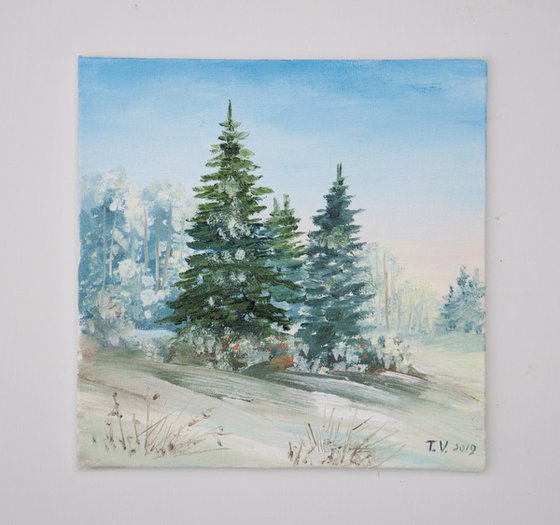 Winter nature. Little landscape. Oil painting. Original Art. Miniature 6 x 6