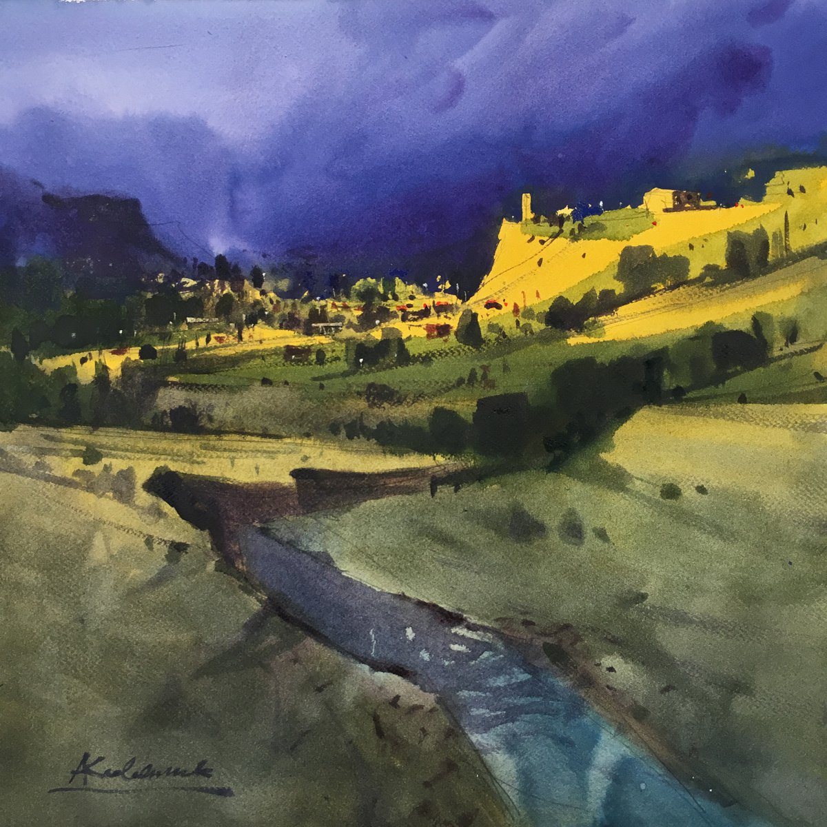 Impressionistic Landscape Watercolour By Andrii Kovalyk, 15 X 15, In The Mountains Of Kazbegi. Georgia, Original Artwork